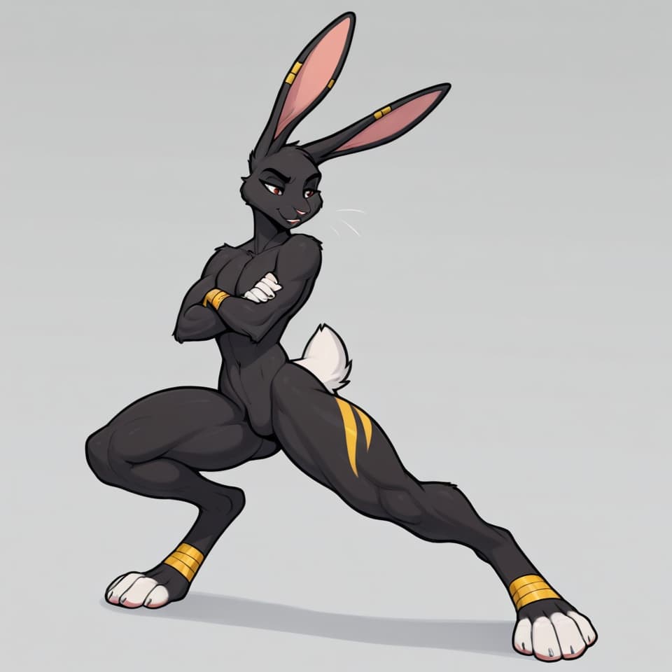 Solo, male, anthro, jackrabbit, black fur, white tail, muscular thighs and legs, slim but athletic upper body, long ears, digitigrade feet