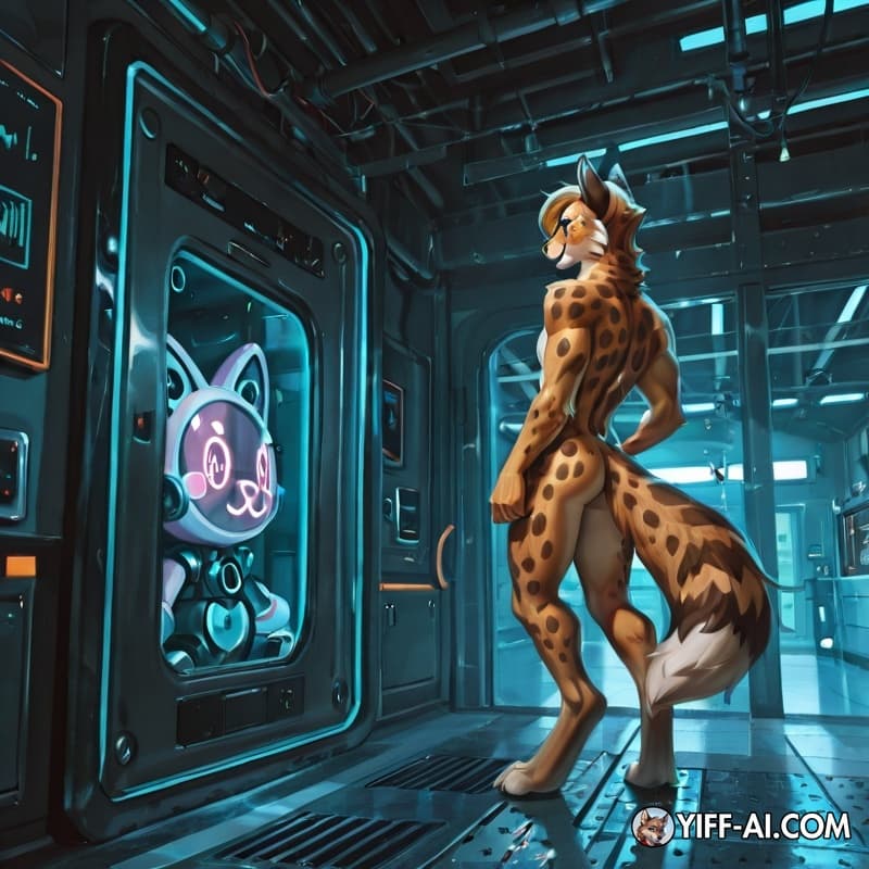 A highly detailed, cinematic, and intimate scene set inside a futuristic, dimly lit sci-fi engine room with metallic grates and glowing blue reactor lighting. Four anthropomorphic characters are in a 