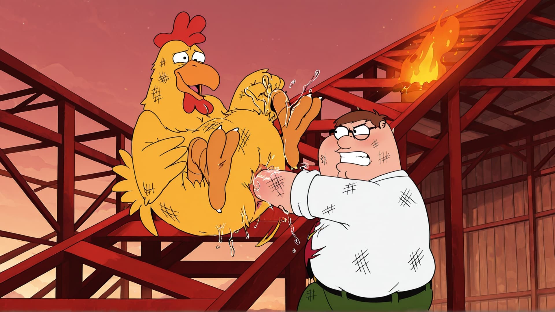 duo, 2_panel_comic, anthro, human, chicken, family_guy, peter_griffin, struggle,  fist, fisting, cloacal_penetration, pain,cloaca_juice, 