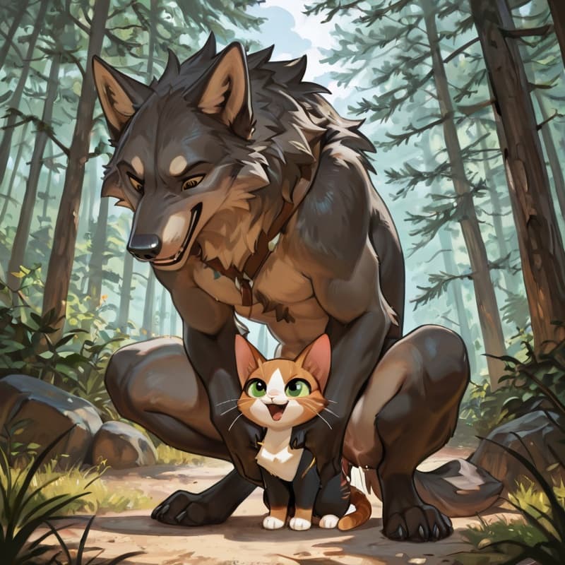  male wolf, squatting , (female_cat), penetration, size_difference, larger_male, balls_deep,  (playful:1.3), (happy_sex:1.3), (feral_female:1.3), (feral_penetrated:1.3), vulva, vaginal_penetration,