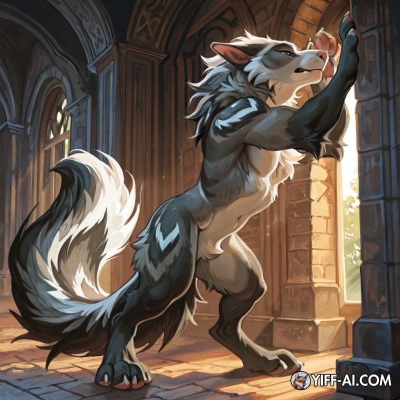 Mozen: Anthropomorphic large cat visually, although the specific species isn’t fully defined. Their body is covered in thick, layered gray fur with an underbelly featuring a lighter gray pelt. Fur fea