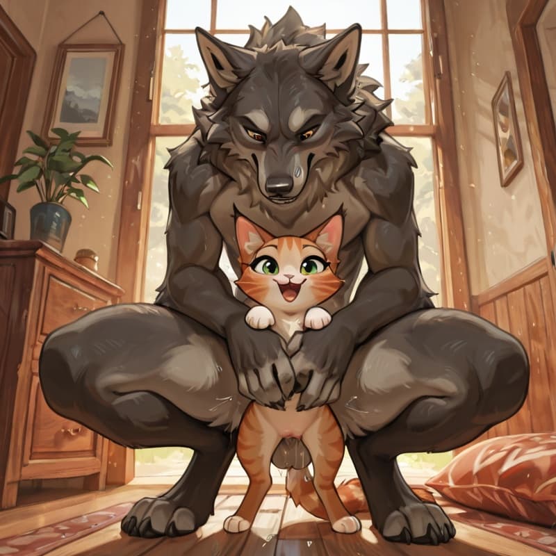  male wolf, squatting , (female_cat), penetration, size_difference, larger_male, (juvenile_female:1.3), balls_deep,  (younger_female:1.3), (playful:1.3), (happy_sex:1.3), (feral_female:1.3), (feral_pe