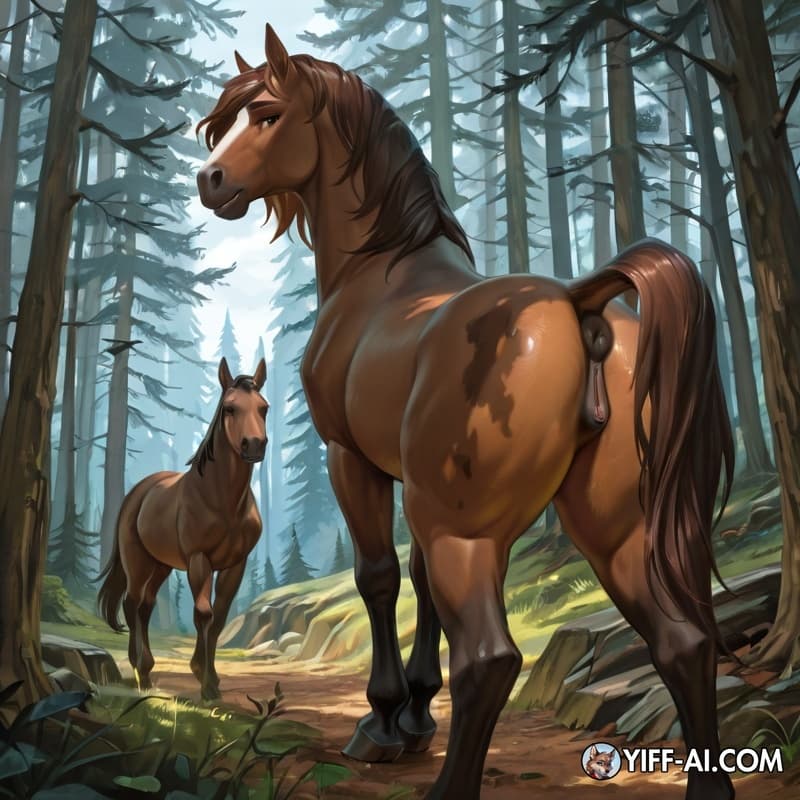 Beautifull brown mare standing in forest from behind.mare exposing pussy.mare is looking back on you.naked man standing beside mare.