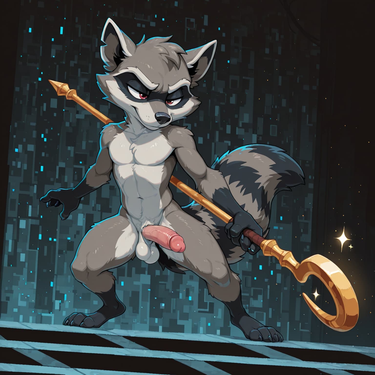 pixelated, pixel_art, solo, anthro, male, raccoon, sly_cooper, standing, pose, holding_staff, nude, penis, balls, 