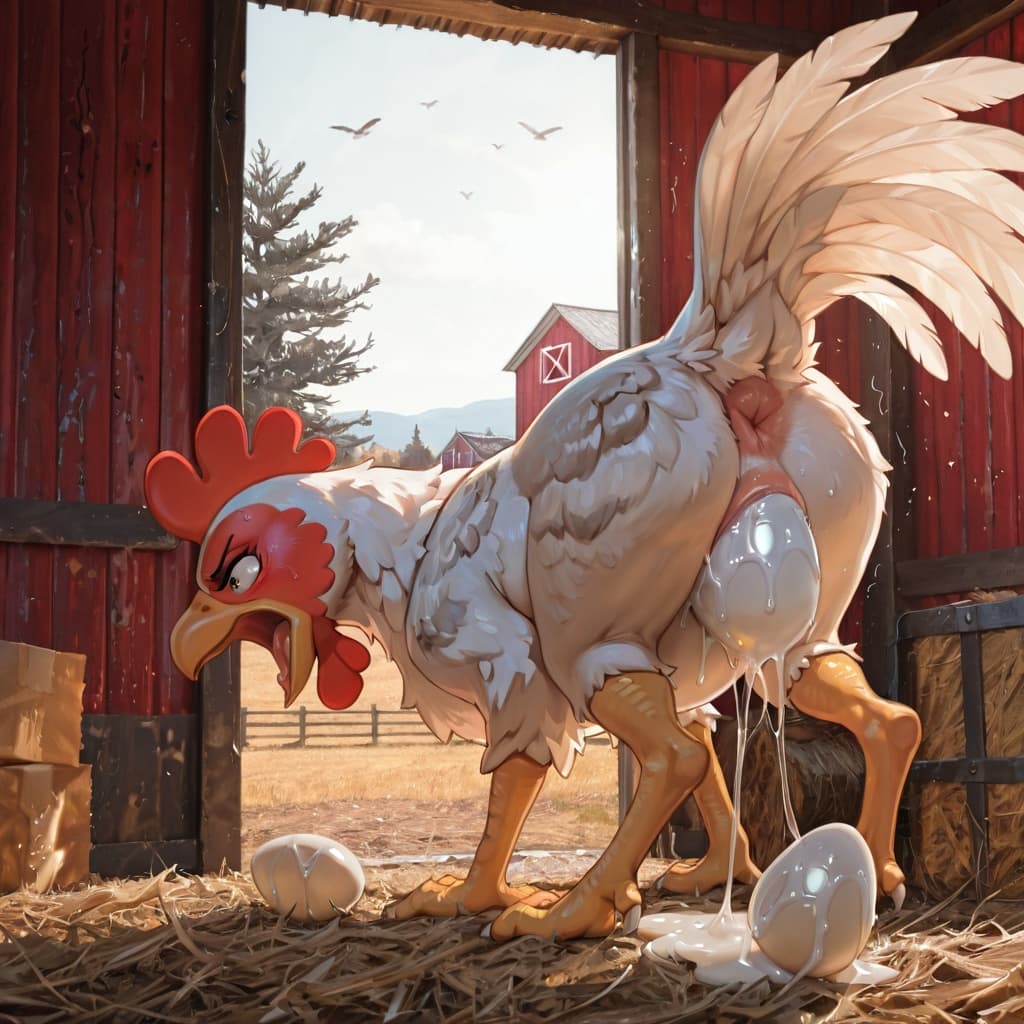 solo, (feral:1.3), avian, white_feathers, chicken, barn, outside,  oviposition, egg, egg_laying, straining, pain, (presenting_hindquarters:1.3), screaming,  blocked_egg, tape, adhesive tape is attache