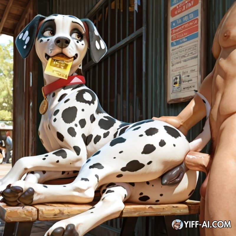 dog, feral, female, dalmatian, canid, animal_genitalia, canine_vulva, slim, human, human_penetrating_feral, male_penetrating_female, penis_in_ass, anal_penetration, side_view, lying_on_bench, bus_stop