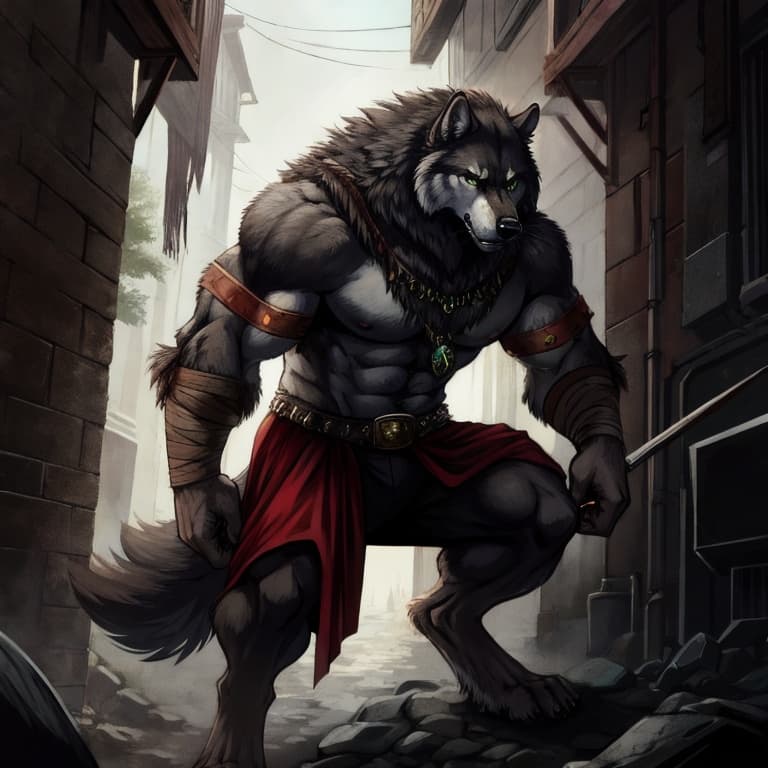 Umbra, a mature anthropomorphic black wolf warrior with a lean muscular build and grounded proportions. Thick layered black fur with dark charcoal gray accents across the chest and muzzle. Emerald gre