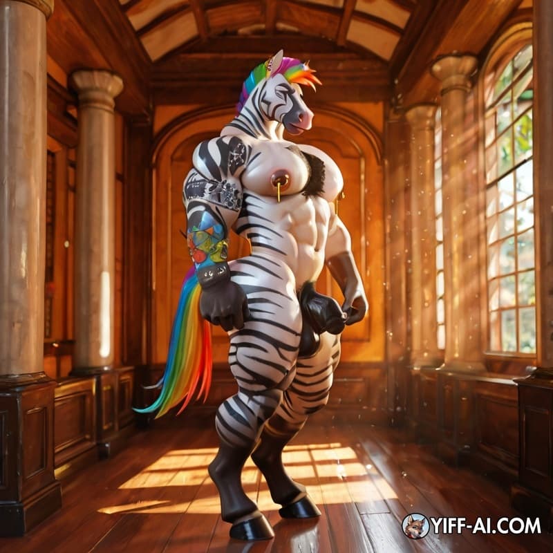 Hybrid horse and zebra, solo focus, full body, male muscular, rainbow hair, no dresses, big muscle, big butt, thick nipples, gold piercings on nipples, thick chest, arm tattoo, chest tattoo, fur body