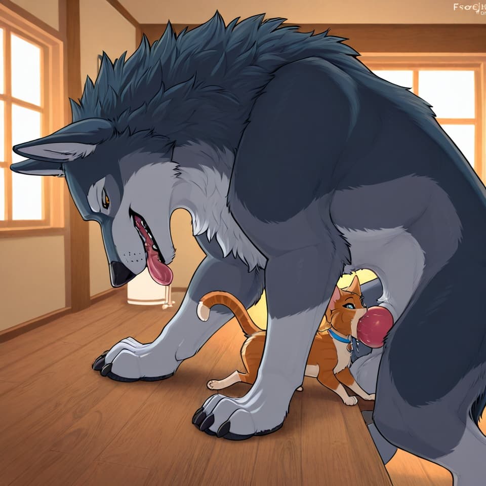 (Male wolf, huge, (feral:1.3), humanoid_penis), (female house_cat, (feral:1.3)), oral_penetration, feral_on_feral, feral_penetrating_feral, size_difference, larger_male, random_position,