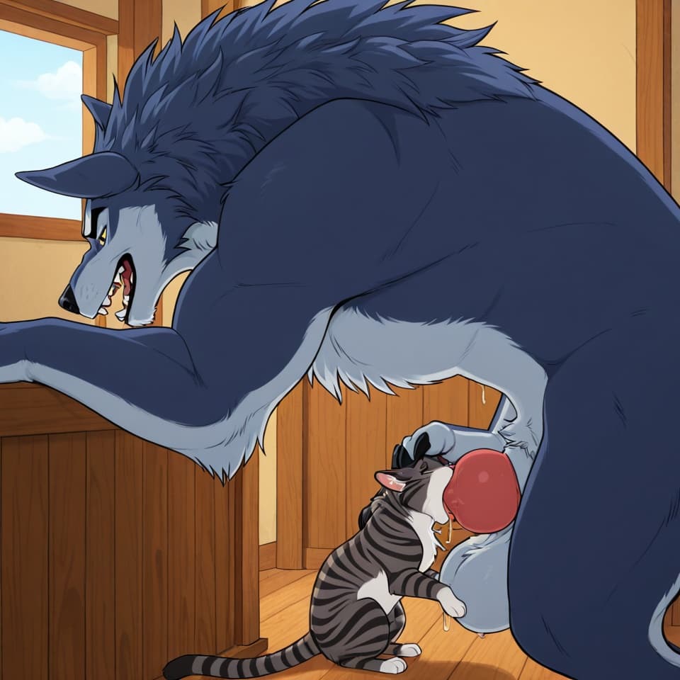 Duo, (Male wolf, huge, (feral:1.3), humanoid_penis), (female house_cat, (feral:1.3)), oral_penetration, feral_on_feral, feral_penetrating_feral, size_difference, larger_male, (female_penetrated:1.3),