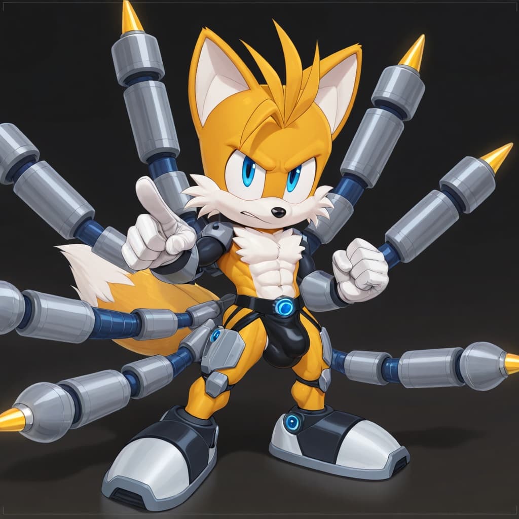 male, solo, anthro, fox, yellow_fur, Tails_Nine_(sonic prime), muscular, abs, six-pack, 2_tails, white_gloves, jockstrap, detailed_bulge, medium_bulge, standing, full_body, three-quarter_view, robotic