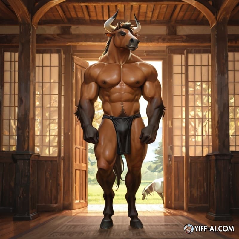 Hybrid horse and bull, solo_focus, full body, male muscular, no dresses