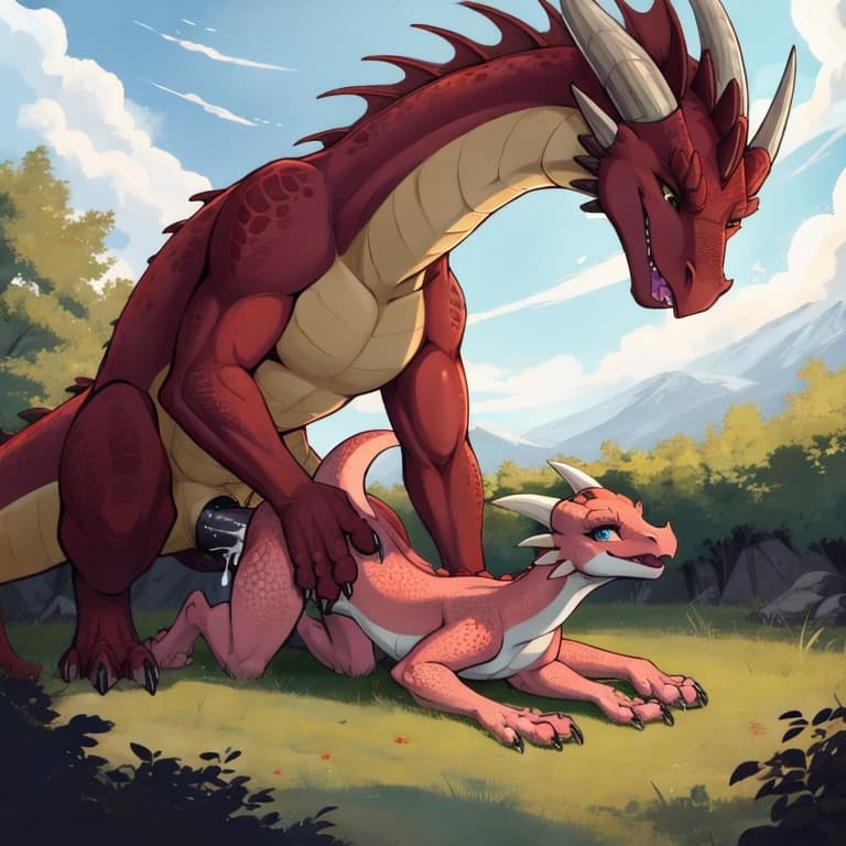 trio, dragon, kobold, male, female, larger_male, big_penis, size_difference, nude, vaginal_penetration, living_condom, cum_in_vagina, playful, outside, (feral_penetrating:1.3), (feral_male:1.3), (domi
