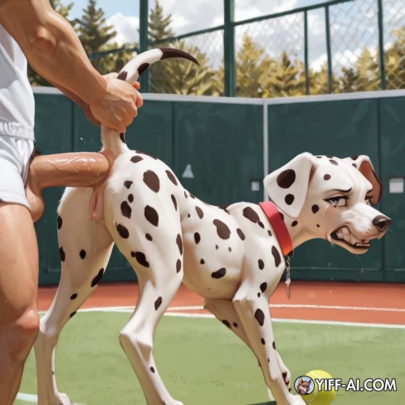 dog, feral, female, dalmatian, canid, animal_genitalia, animal_vulva, slim, human, human_penetrating_feral, anal_insertion, side_view, presenting_hindquarters, raised_tail, tennis_ball_in_ass, tears_o