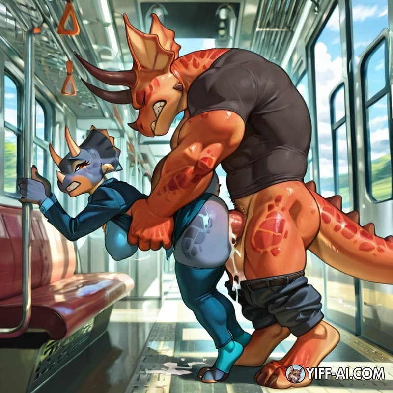 Triceratops, male/female, duo, 2_penises, muscular_anthro, big_cocks, big_muscles, big_hands, big_feet, train, pants_down, clenched_teeth,  leaking_cum,  public_exposure, public_sex, 