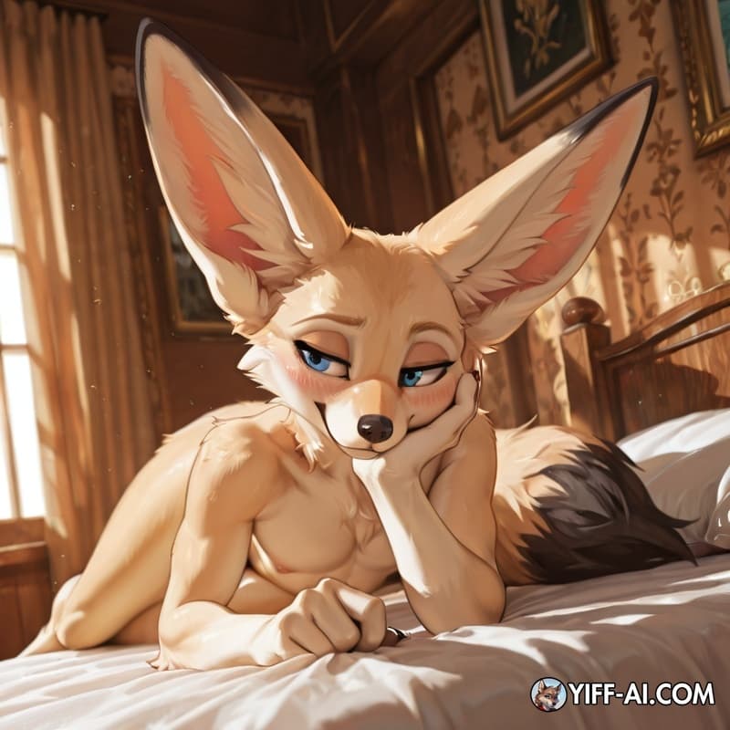 Adult tall, fennec fox, white and beige fur, dark ear tips, large expressive ears, soft cheek fluff, blue eyes, slim athletic build, digitigrade legs, clawed paws,  warm indoor lighting, soft shadows,