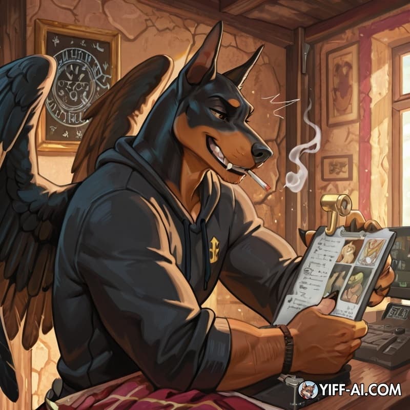 The Setup: Instead of a soft, gentle embrace, this is a chaotic, heavy-hitting show of affection. The Doberman is in the center, still grinning sharply with his cigarette tilted up so it doesn't burn 