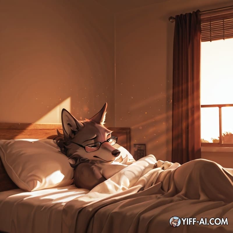 Wolf, dark red, morning, glasses, bed, submissive