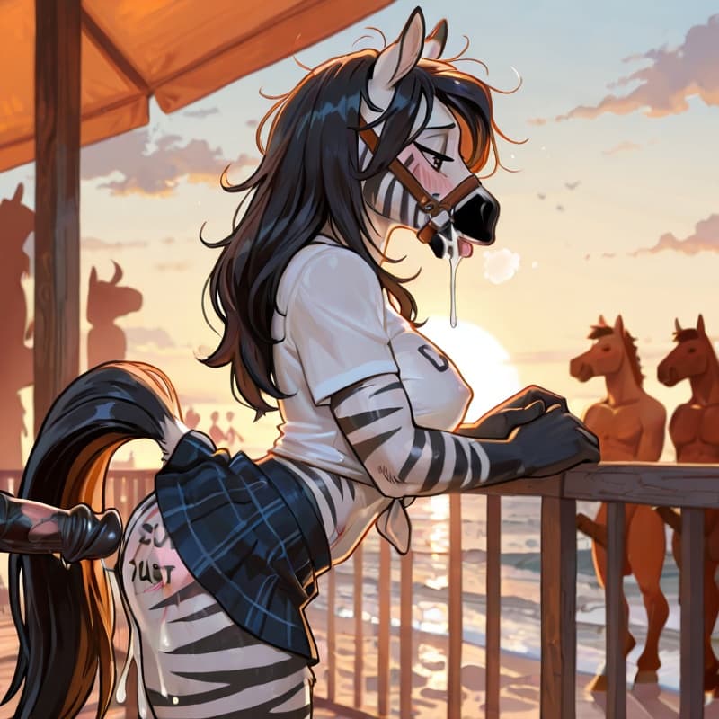 by_the_miniscule_task:1.7, long_hair, female_zebra, medium_breasts,   messy_hair:1.6, bite_marks:1.6, morning, beach, crowd, cum_on_face, cum_on_lips, drooling, cum_stream_down_legs, horse_bridle, but