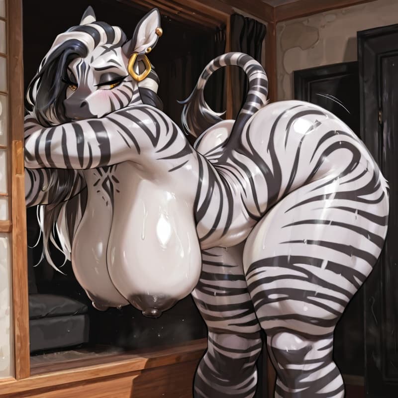 Sexy huge. big bubble booty thick zebra girl bent over naked long_black_hair thick_thighs,thick_legs nipples,  piercings