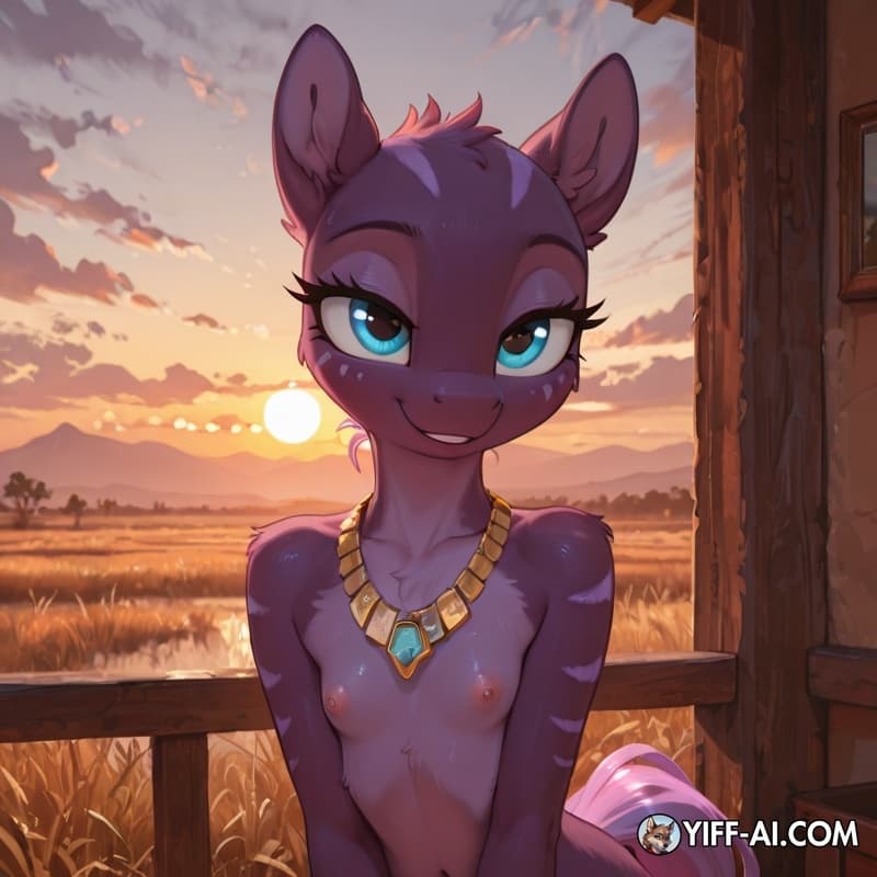 solo_focus, pony, striped_markings, gold_necklace, female, savanna, sunset, smile, flat_chested, purple_body, blue_eyes, nude_female, nude,lidded_eyes, 