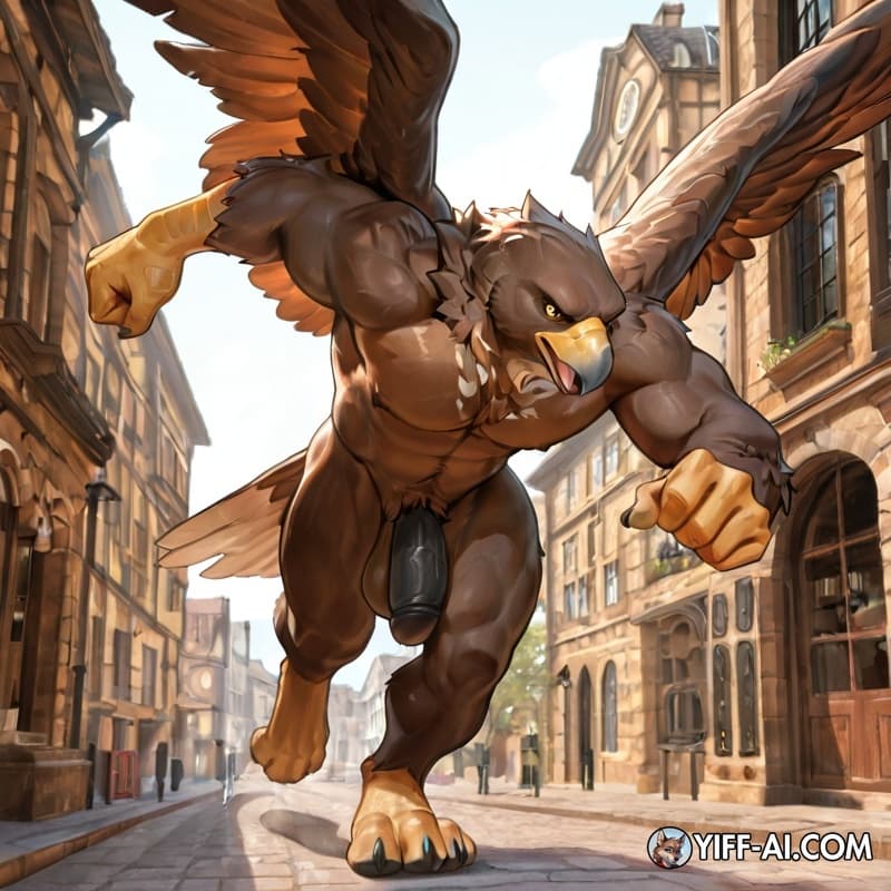 Solo, anthro, eagle, feathered_wings, big_hands, big_feet, big_cock, nude, public_nudity, running, muscular_male, flaccid, 