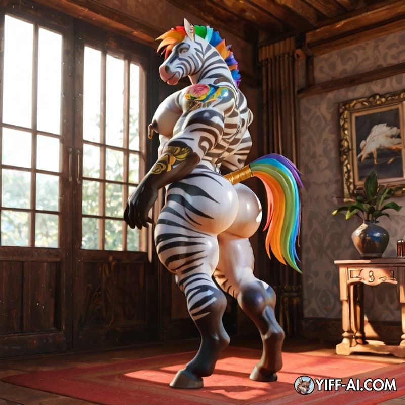 Hybrid horse and zebra, solo focus, full body, male muscular, vessels, rainbow hair, no dresses, big muscle, big butt, thick nipples, gold ring piercings on nipples, thick chest, arm tattoo, fur body 