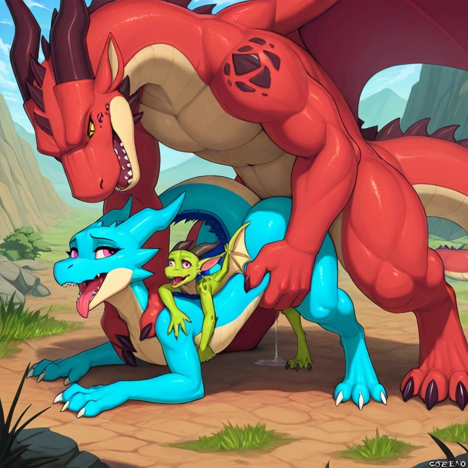 Trio (Male dragon (feral:1.3)), (female kobold (feral:1.3)) male_penetrating, female_penetrated, fully_inside, size_difference, larger_male, extreme_size_difference, large_penetration,