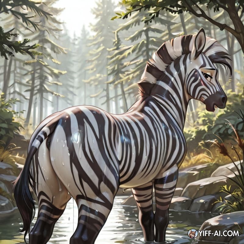 Feral zebra, dripping_wet, looking_pleasured, looking_back,