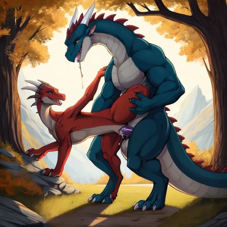 trio, dragon, kobold, male, female, larger_male, big_penis, size_difference, nude, vaginal_penetration, living_condom, cum_in_vagina, playful, outside, (feral_penetrating:1.3), (feral_male:1.3), (domi