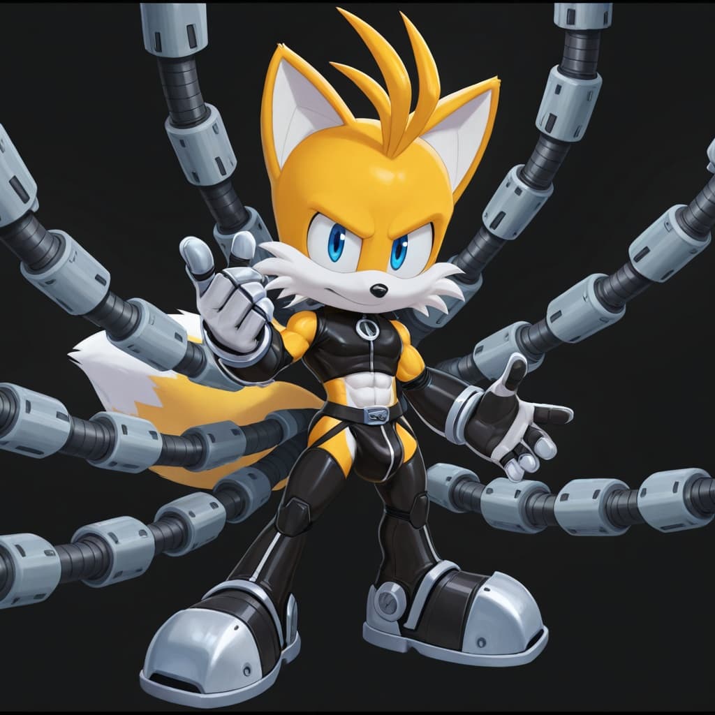 male, solo, anthro, fox, yellow_fur, Tails_Nine_(sonic prime), muscular, abs, six-pack, 2_tails, white_gloves, jockstrap, detailed_bulge, medium_bulge, standing, full_body, three-quarter_view, robotic