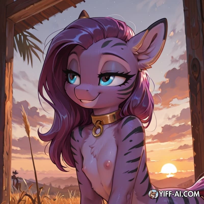 solo_focus, pony, striped_markings, female, savanna, sunset, smile, flat_chested, purple_body, blue_eyes, nude_female, nude,lidded_eyes, purple_hair, long_hair, black_stripes, gold_ear_ring, collar, s
