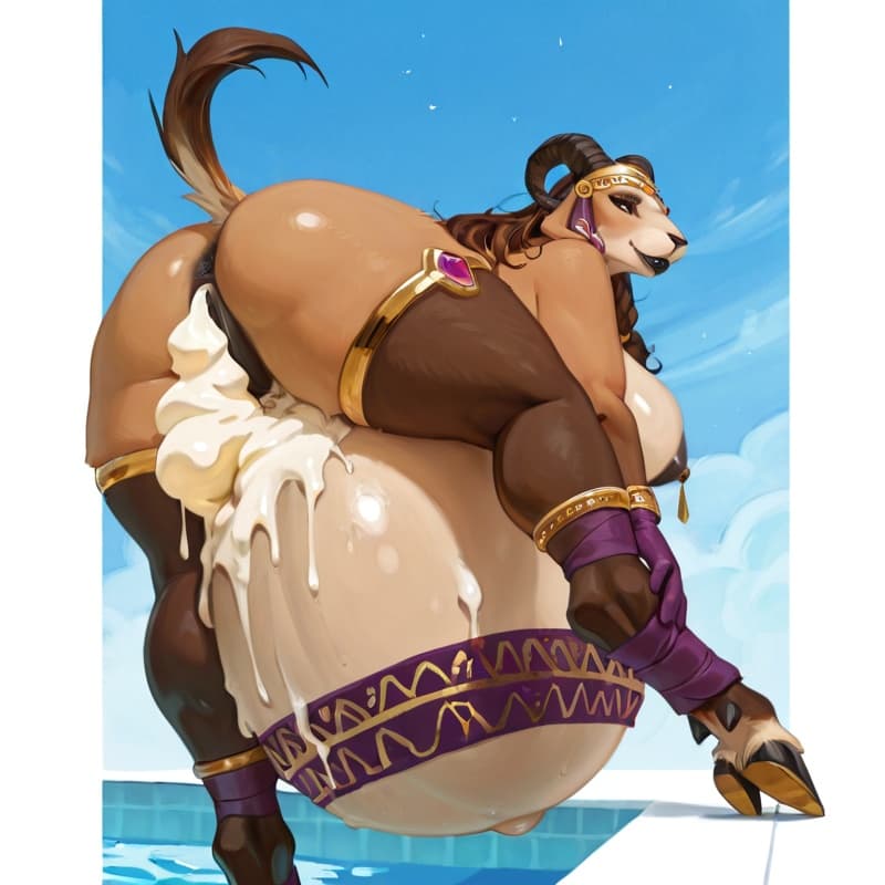 human_on_anthro, chubby, pudgy, curvy_figure, thick_thighs, voluptuous body, hooves, pregnant_female_goat nobelwoman, fat_goat_face, hoof_toes, roman_nobelwoman_purple and gold_headwear, big_pregnant_