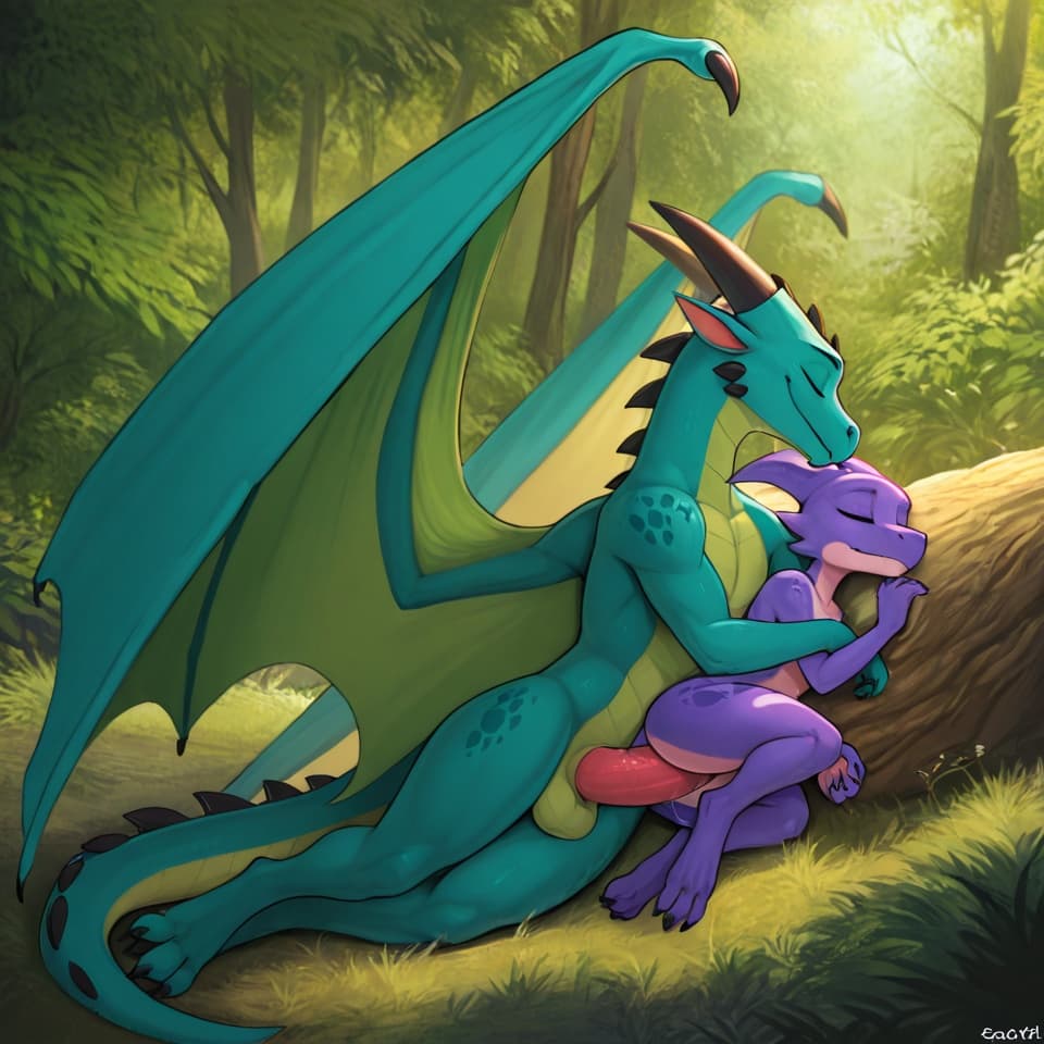 (Kobold, green, digitigrade_legs, female, lying, sleeping), (dragon, wings,  male, big_penis), larger_male, smaller_penetrated, female_penetrated, sleep_sex, younger_female