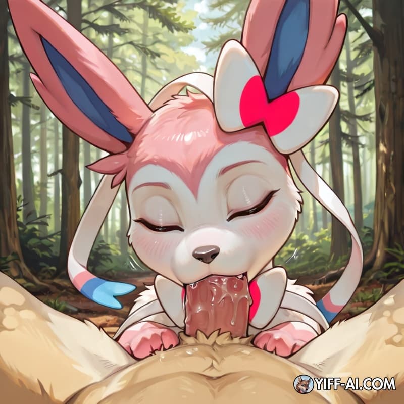 pov_blowjob, closed_eyes, sylveon sucking dick, original sylveon body appearance, forest_background,drinking_precum_from_mouth, two_little_fangs_from_sylveon_mouth,cute_fangs, cute_sylveon_appearance,