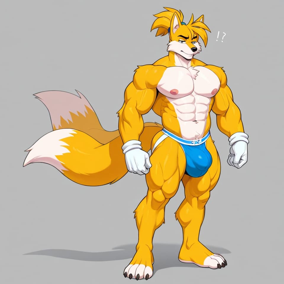 male fox , Nine by Sonic, yellow_fur, 2_tails, muscular, adult anatomy ,abs, six-pack, standing, white_gloves, jockstrap, detailed_bulge, mediun bulge, full body, three-quarter_view, hair up,