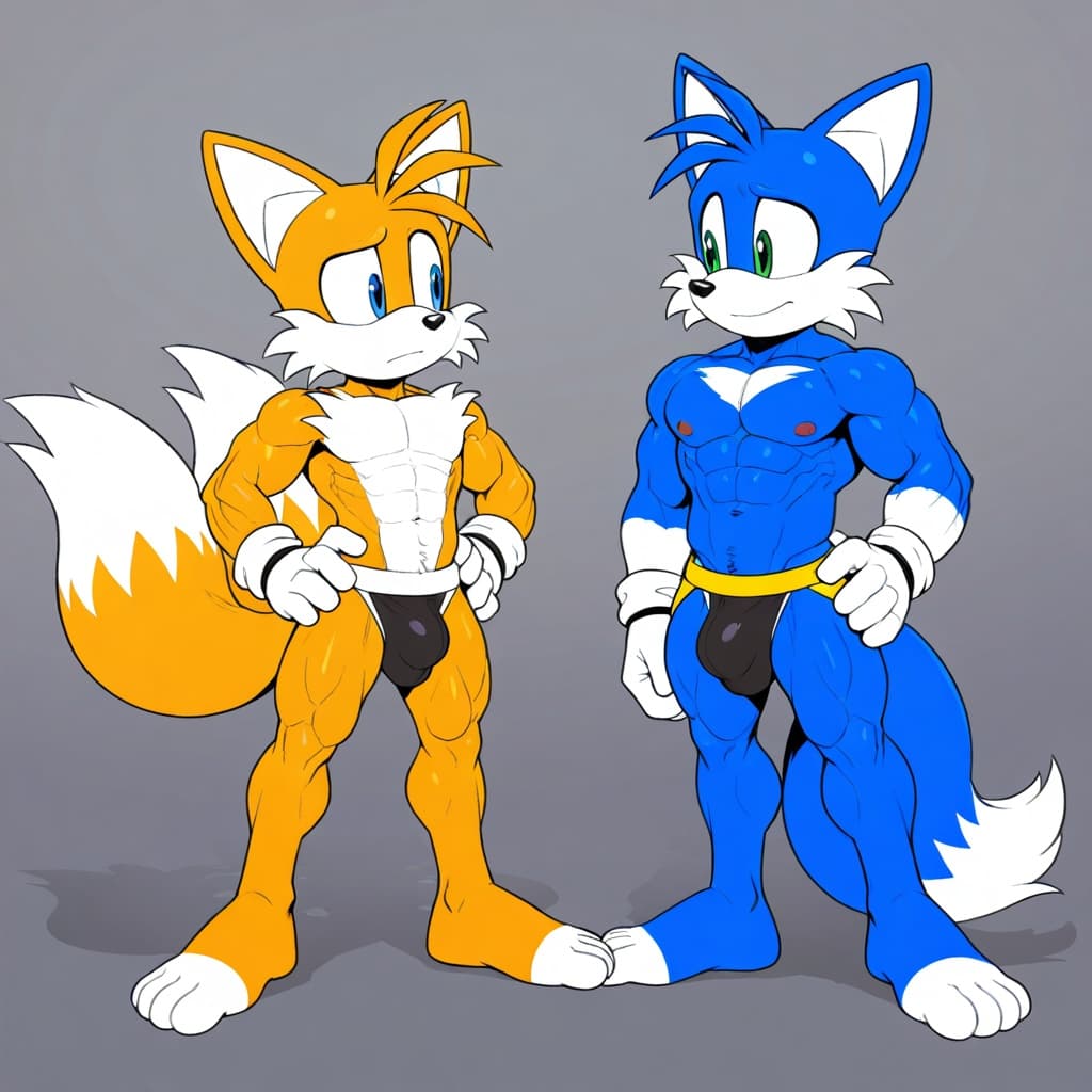 duo, 2_boys,  male fox, Tails by Sonic, orange_fur,  2_tails, muscular, adult anatomy, abs, six-pack,  standing, hand_on_hip,  male fox , Tails_Nine by Sonic, yellow_fur,   2_tails, muscular, adult an