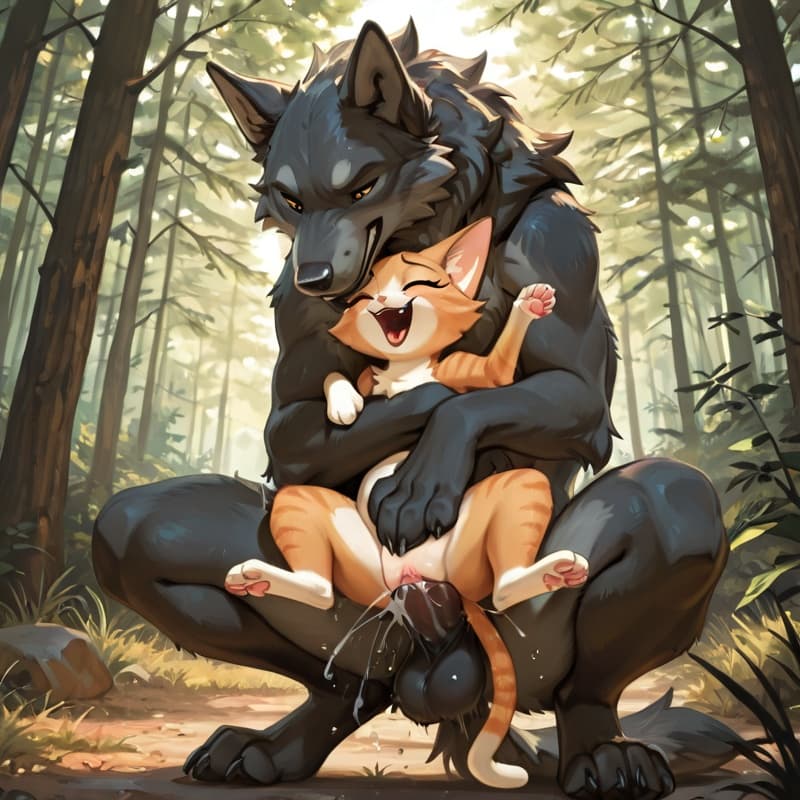  (male wolf squatting) , (female_cat), penetration, size_difference, larger_male, balls_deep,  (playful:1.3), (happy_sex:1.3), (feral_female:1.3), (feral_penetrated:1.3), vulva, (vaginal_penetration:1