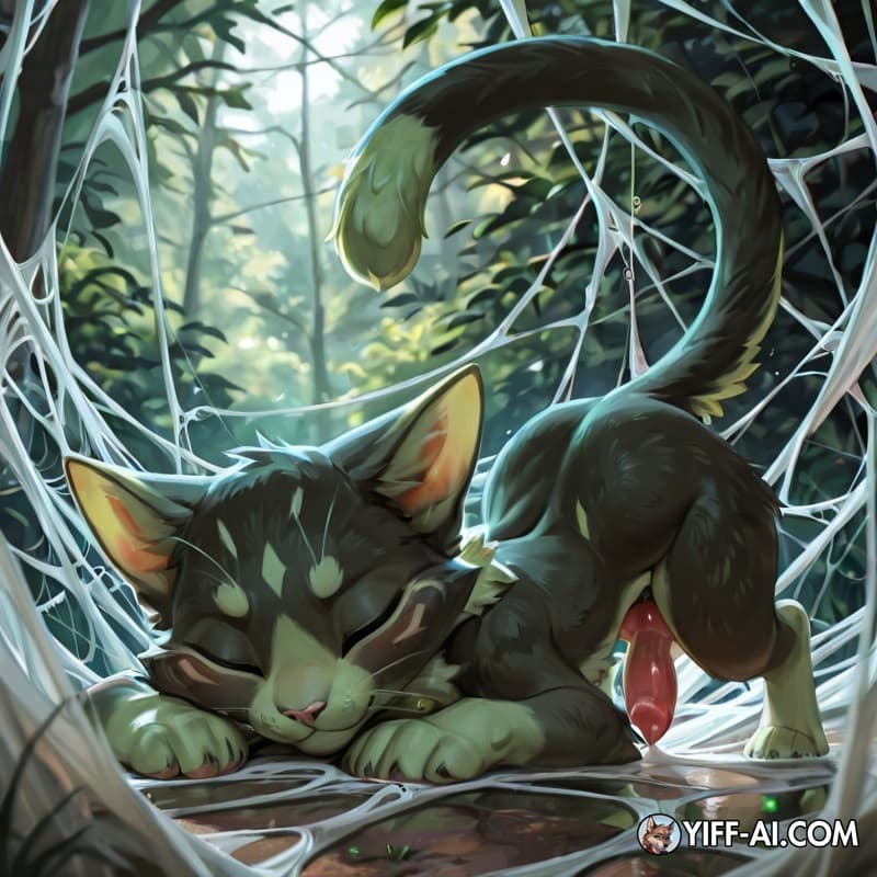 spider_web, green_fur, cat_tail, canine_penis, eyes_closed, cat, 