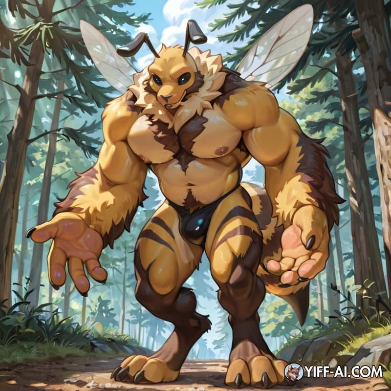 Bee, muscular_male, digitigrade, big_feet, big_hands, four_arms, adult_on_adolescent, hairy, 
