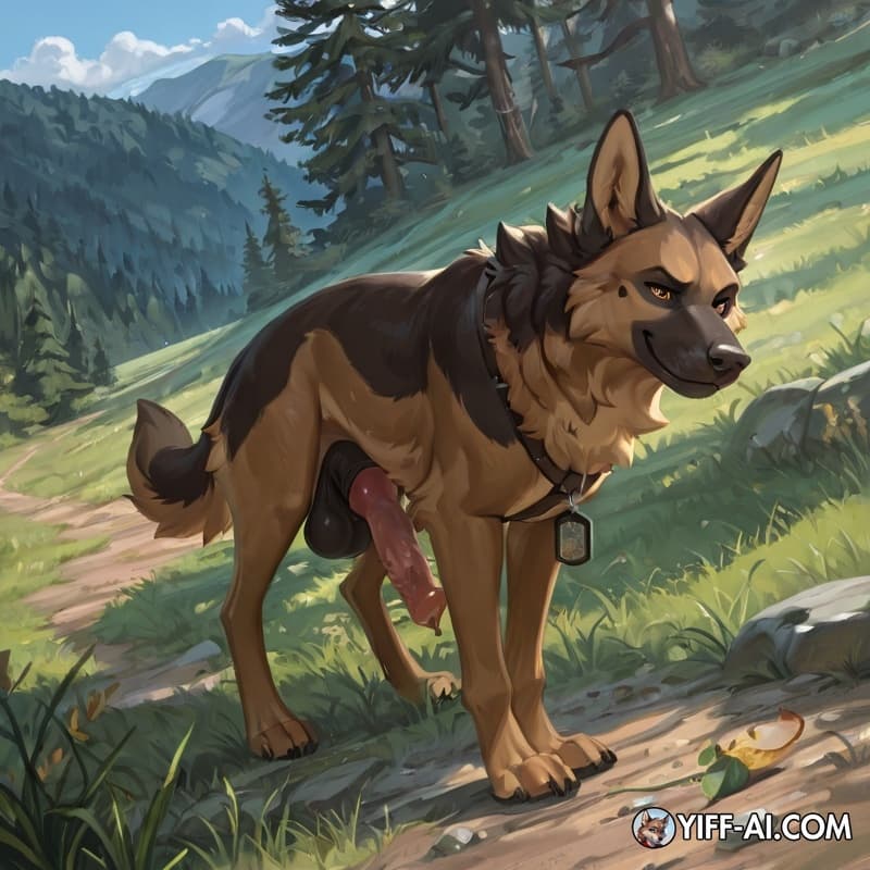 (feral showing off his avian penis:1.9),solo, feral, german_shepherd, animal_genitalia, animal_penis, hybrid_genitalia, hybrid_penis, avian_penis, penile_spines, 40_inch_penis, long_penis, saggy_balls
