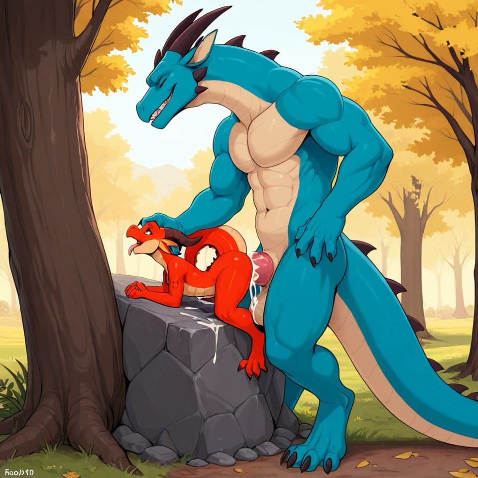 trio, dragon, kobold, male, female, larger_male, big_penis, size_difference, nude, vaginal_penetration, living_condom, cum_in_vagina, playful, outside, (feral_penetrating:1.3), (feral_male:1.3), (domi
