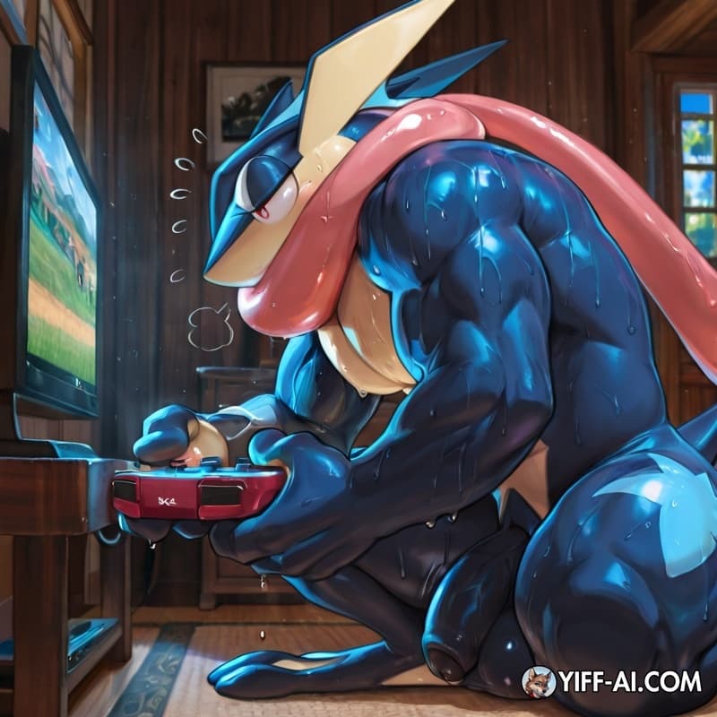 Male_greninja, muscular_anthro, big_muscles, big_hands, big_feet, hyper_genitalia, sweat, playing_video_game, flaccid, 