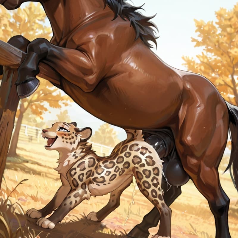 , male horse, (female_leopard ), penetration, (extreme_size_difference:1.3), size_difference, larger_male, balls_deep, (playful:1.3), (happy_sex:1.3), (feral_penetrated:1.3) (visible_insertion:1.3)