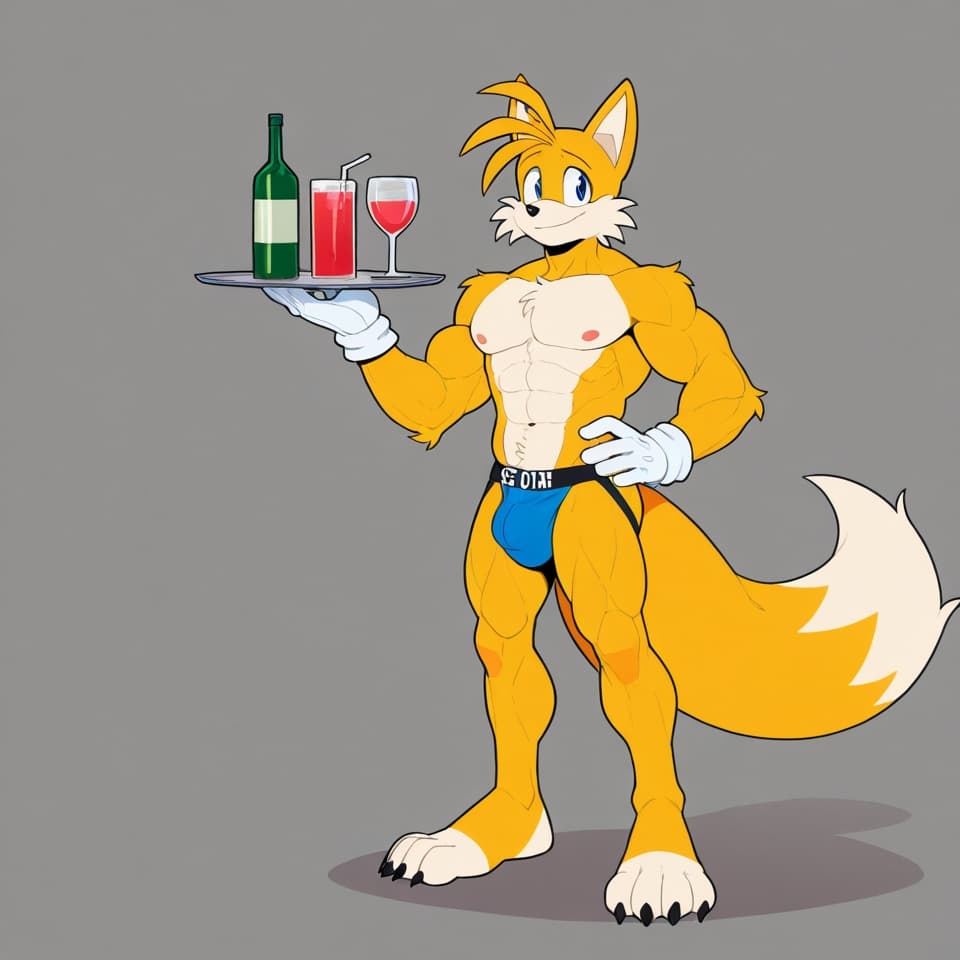  male fox , Tails_Nine by Sonic, yellow_fur,   2_tails, muscular, adult anatomy ,abs, six-pack,  standing, white_gloves, jockstrap, detailed_bulge, mediun bulge, full body,  three-quarter_view, hand a
