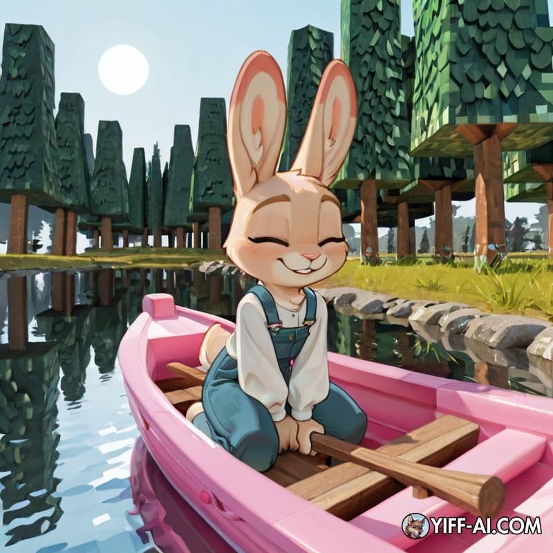 A stylized cartoon anthropomorphic rabbit character with long, pink-lined ears and fluffy blonde fur kneels within a pastel pink boat. The character wears a dark, long-sleeved shirt, its body curved w