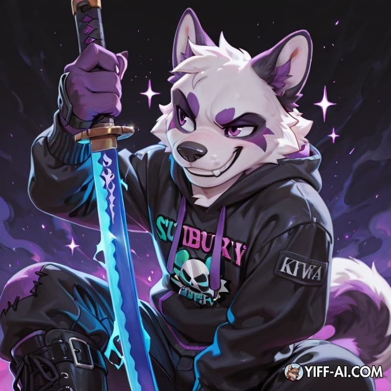 Character: Chubby but strong-looking panda with white fur, classic black patches around the eyes, ears, and limbs. Has a wide, cocky grin showing teeth, purple eyes with a small purple marking above t