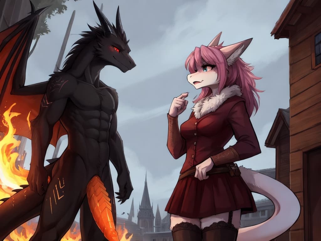 by_kluclew, duo, demonic, anthro, dragon, vantablack_fur, furred_dragon, furry_tail, digitigrade, three_toes, clawed_feet, fire_hair, fire_spine, runic_markings, glowing_markings, glowing_eyes, red_sc