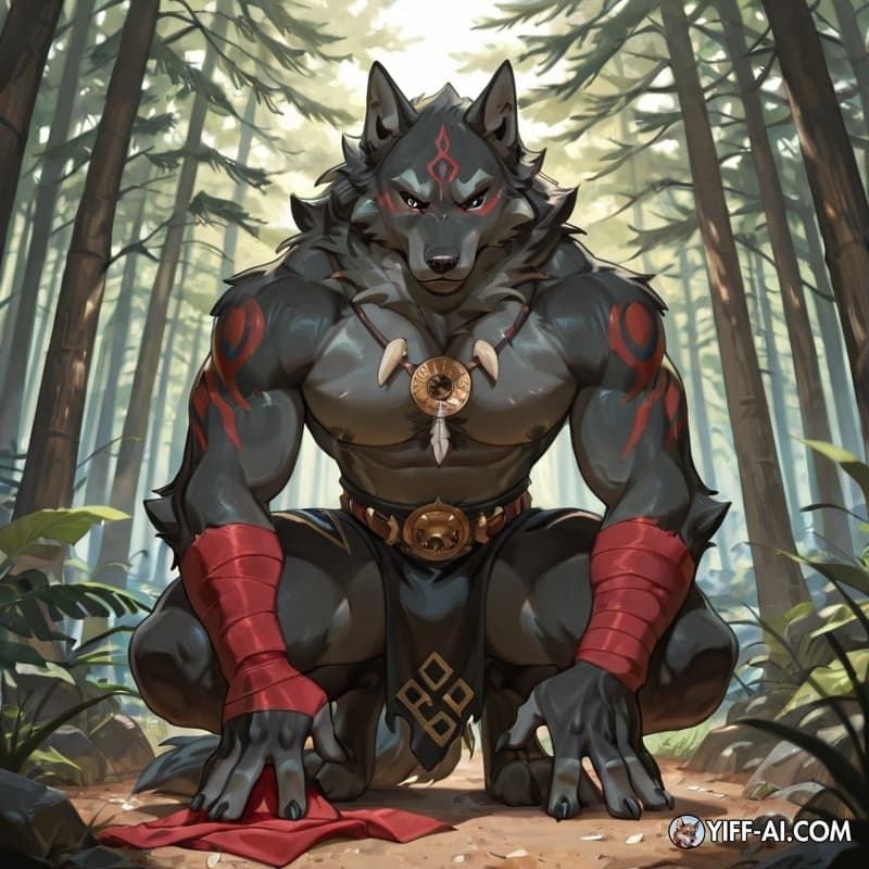 Umbra, a mature anthropomorphic black wolf warrior with a lean muscular build and grounded proportions. Thick layered black fur with dark charcoal gray accents across the chest and muzzle. Emerald gre