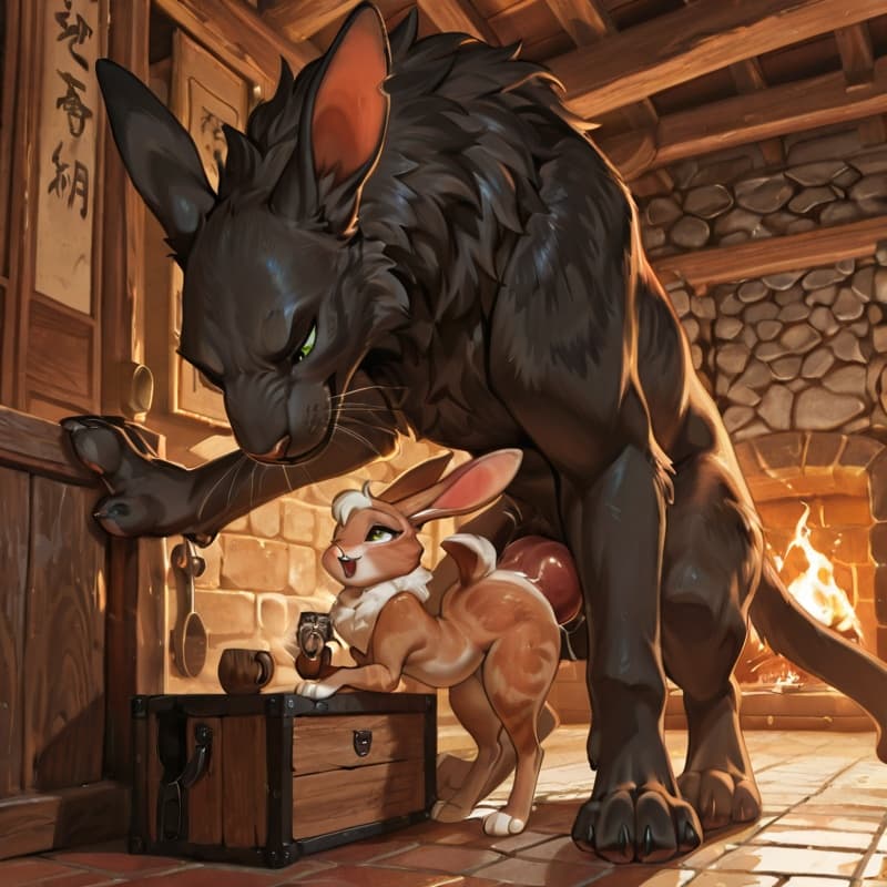 (Male cat, big_penis, (feral:1.3)), +(female rabbit (feral:1.3)), male_penetrating, female_penetrated, fully_inside, size_difference, larger_male, extreme_size_difference, extreme_penetration,